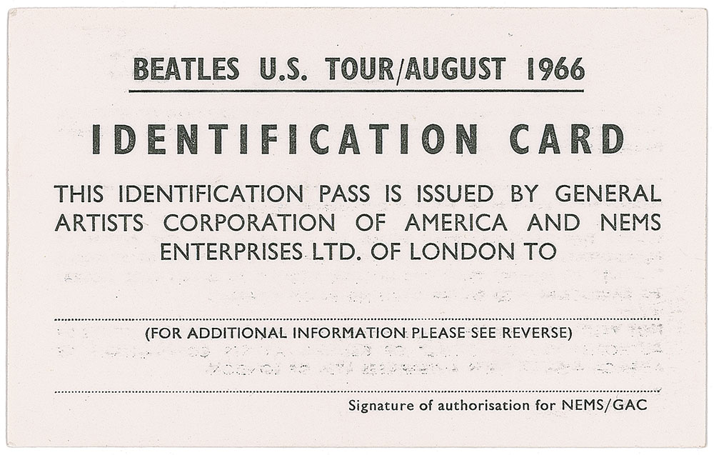 Lot #7070 Beatles 1966 US Tour ID Card