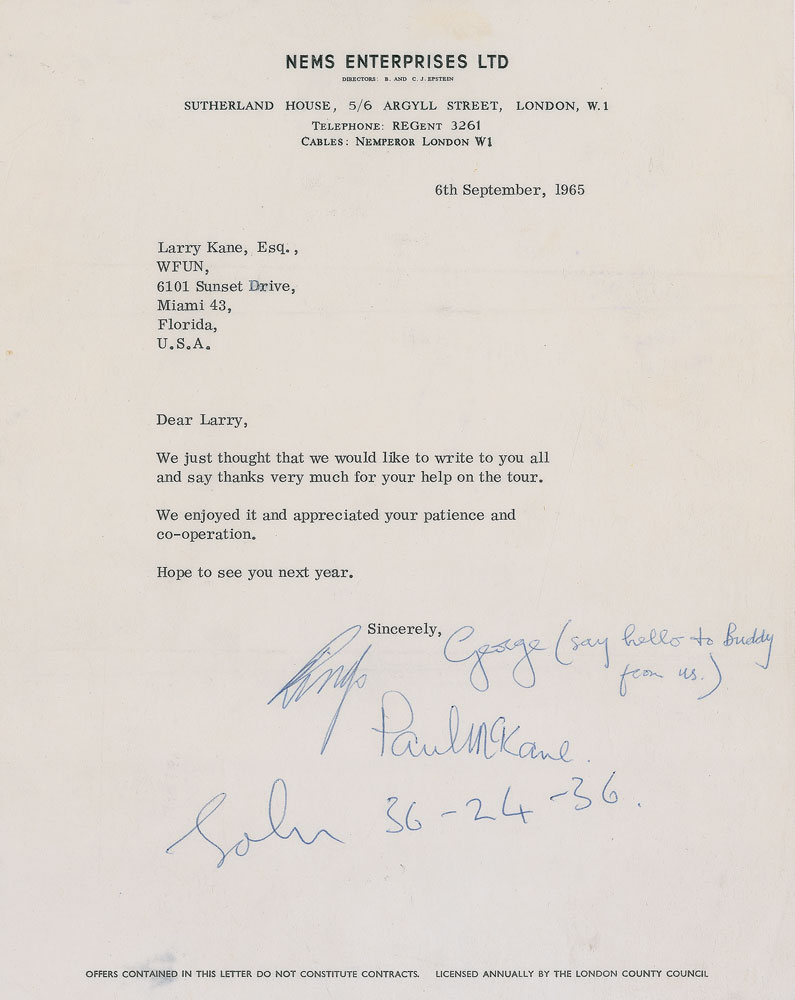 Lot #7008 Beatles Typed Letter Signed
