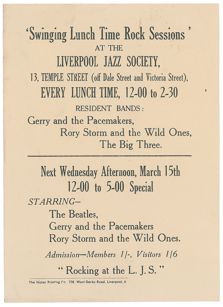 Lot #7067 Beatles March 1961 Handbill