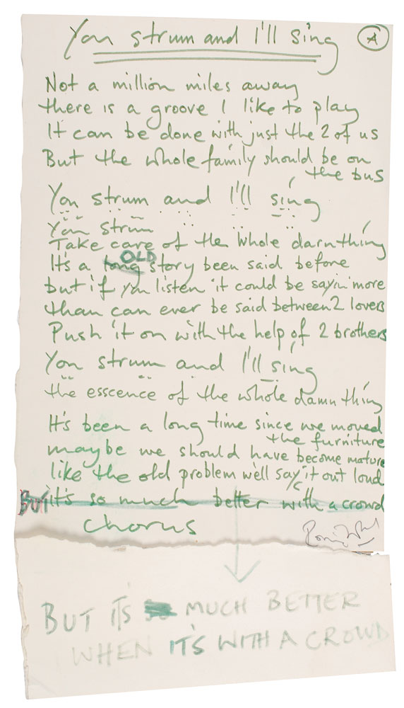 Lot #7114 Ronnie Wood Handwritten Lyrics