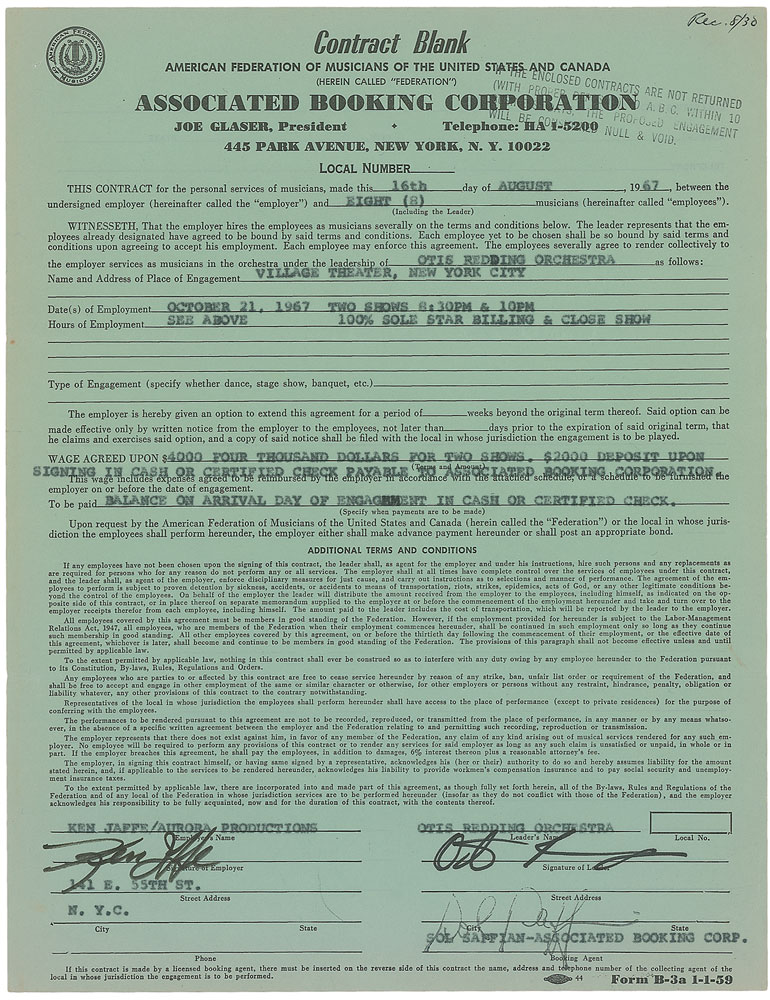 Lot #7192 Otis Redding Signed Document