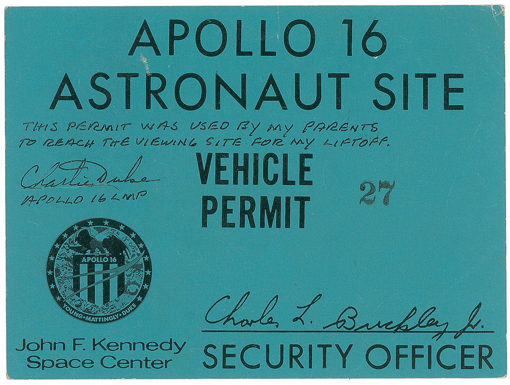 Lot #9446 Charlie Duke’s Apollo 16 Vehicle Permit