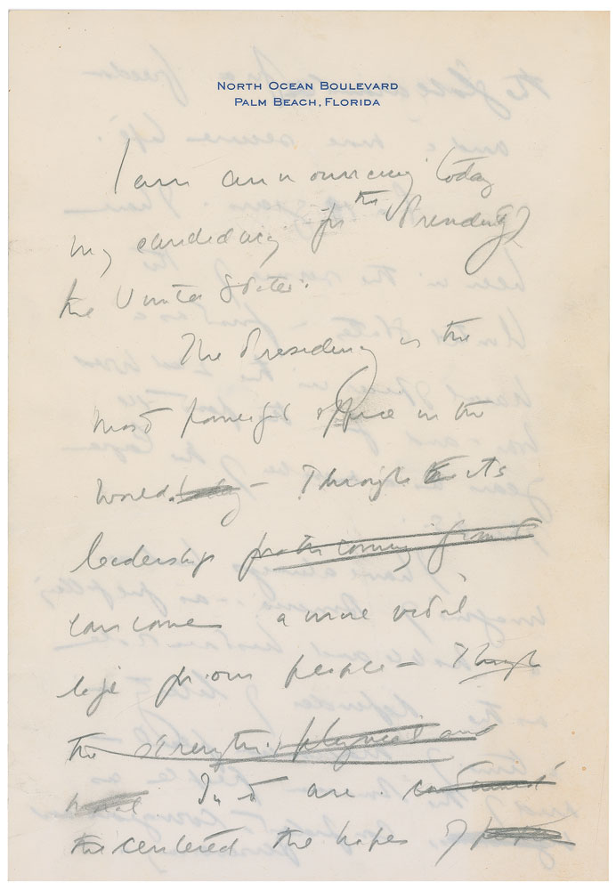 Lot #8007 John F. Kennedy Handwritten Manuscript Announcing His Presidential Candidacy