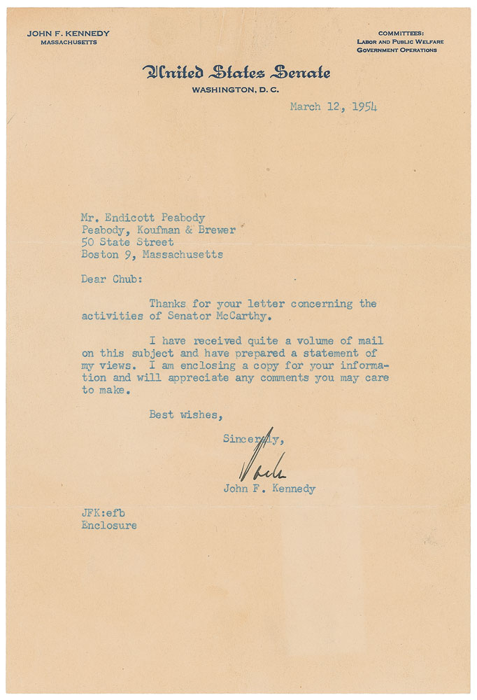 Lot #8006 John F. Kennedy Typed Letter Signed and