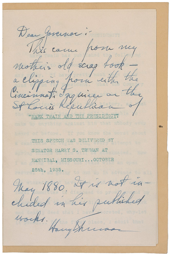 Lot #8042 Harry S. Truman Typed Speech With