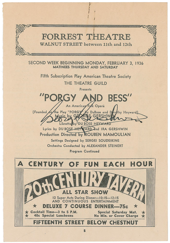 Lot #7280 George Gershwin Signed Playbill Page