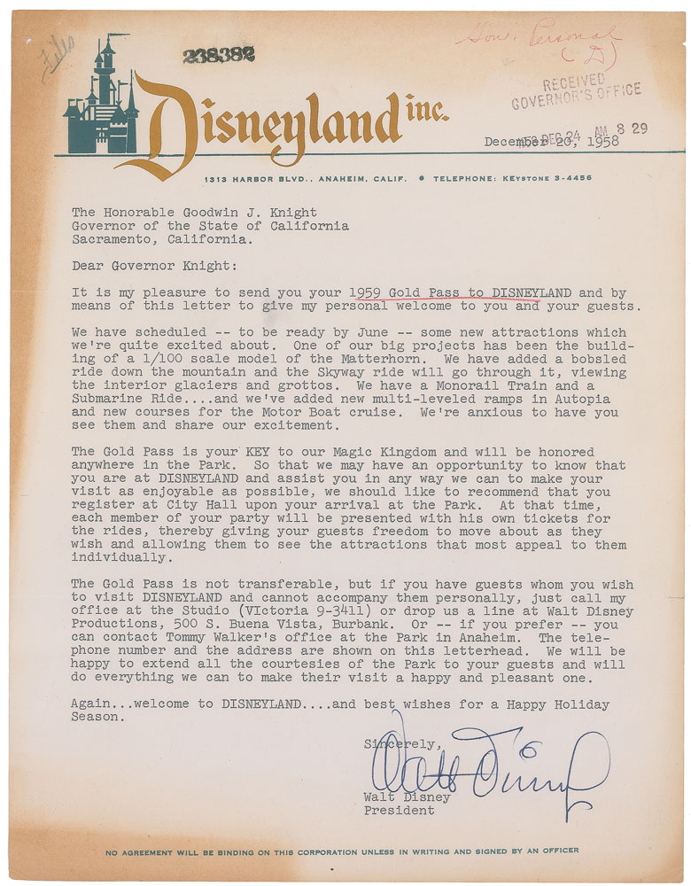 Lot #8104 Walt Disney Typed Letter Signed