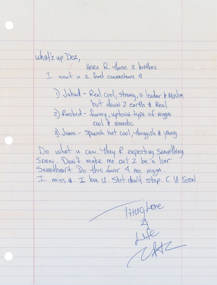 Lot #2466 Tupac Shakur Autograph Letter Signed