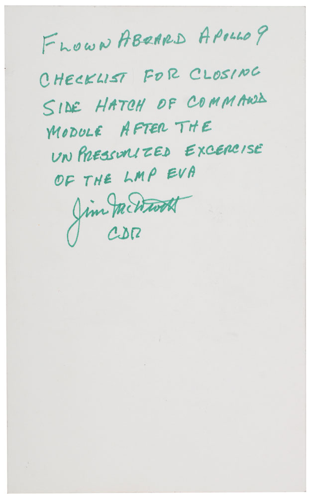 Lot #9252 Jim McDivitt’s Apollo 9 Flown Cue Card
