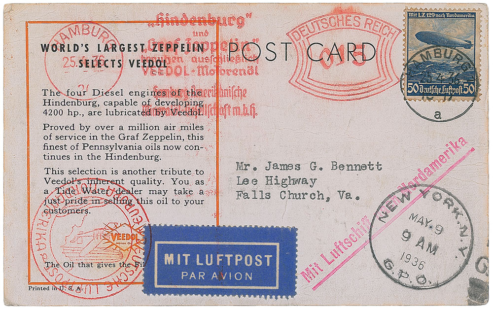 Lot #9021 Hindenburg Flown Postcard