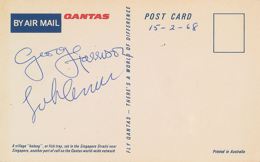 Lot #2013 John Lennon and George Harrison Signed Postcard