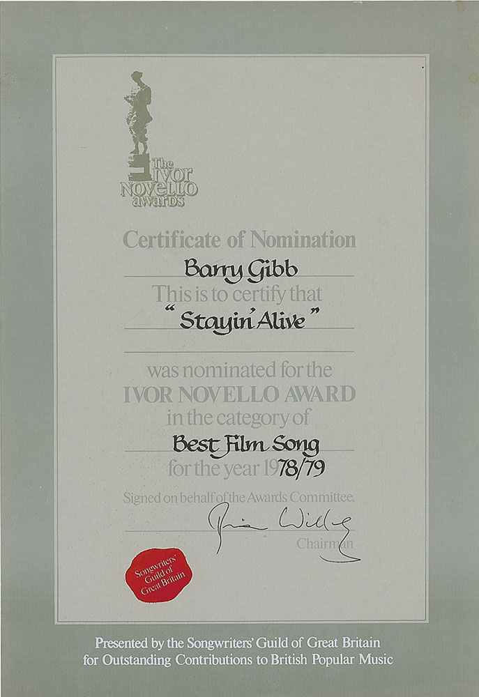 Lot #2272 Bee Gees Award Nomination Certificates