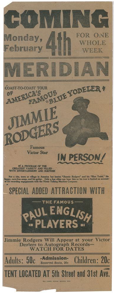 Lot #2175 Jimmie Rodgers Broadside and Tour Card