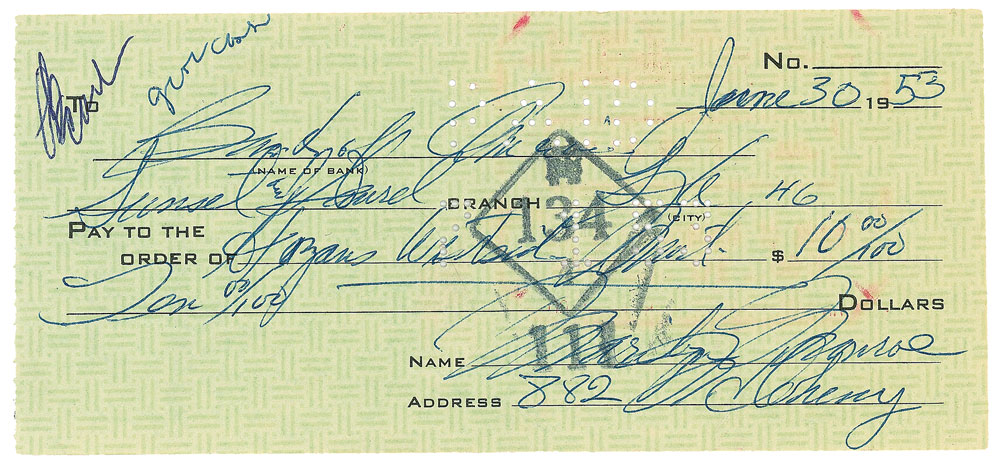 Lot #2528 Marilyn Monroe Signed Check