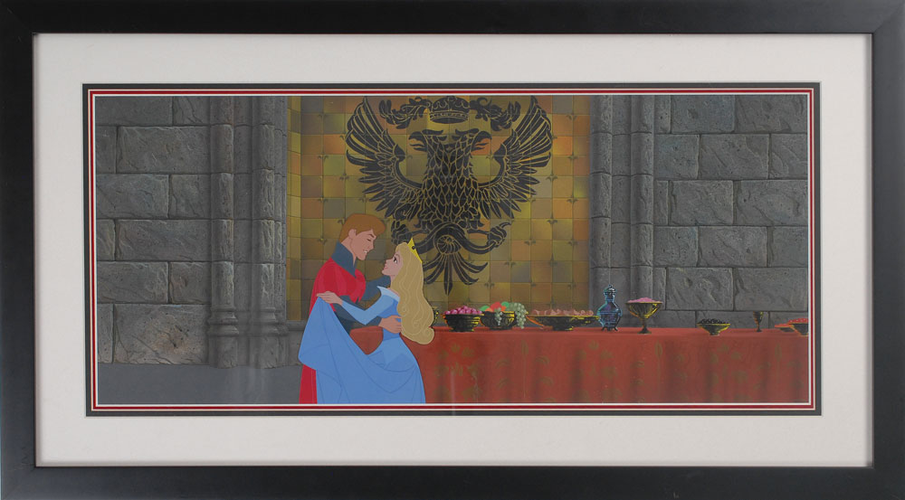 Lot #1098 Princess Aurora and Prince Philip production cel on a master pan background from Sleeping Beauty