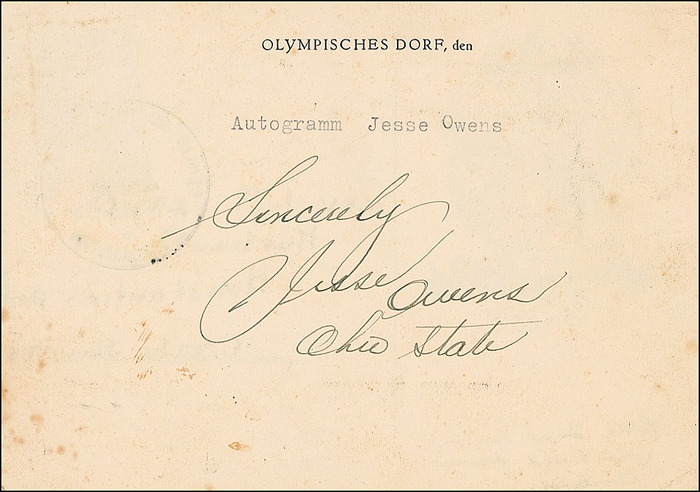 Lot #3035 Jesse Owens Signed Vintage Postcard
