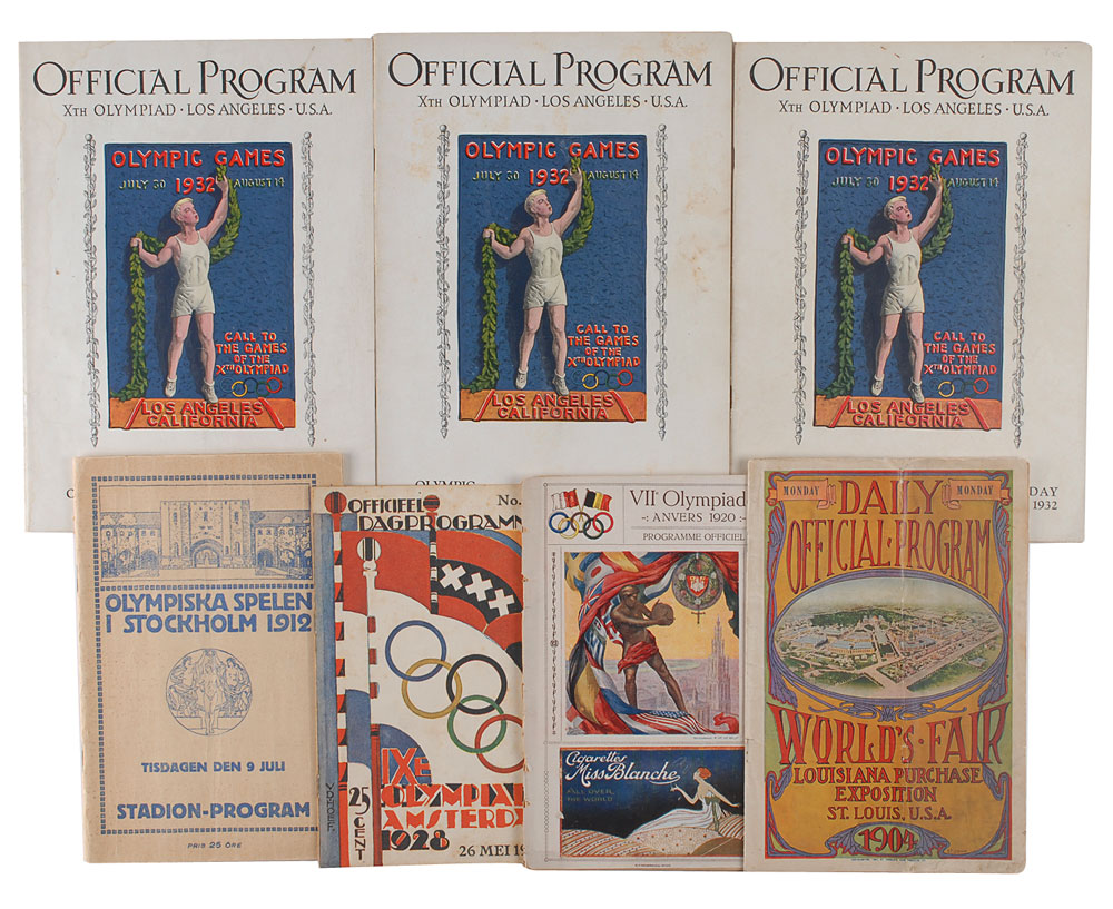 Lot #3108 Summer Olympics Programs: St. Louis 1904, Stockholm 1912, Anvers 1920, Amsterdam 1928, Los Angeles 1932