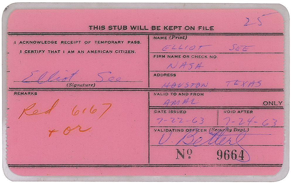 Lot #6173 Gemini 9: Elliott See Signed Access Card