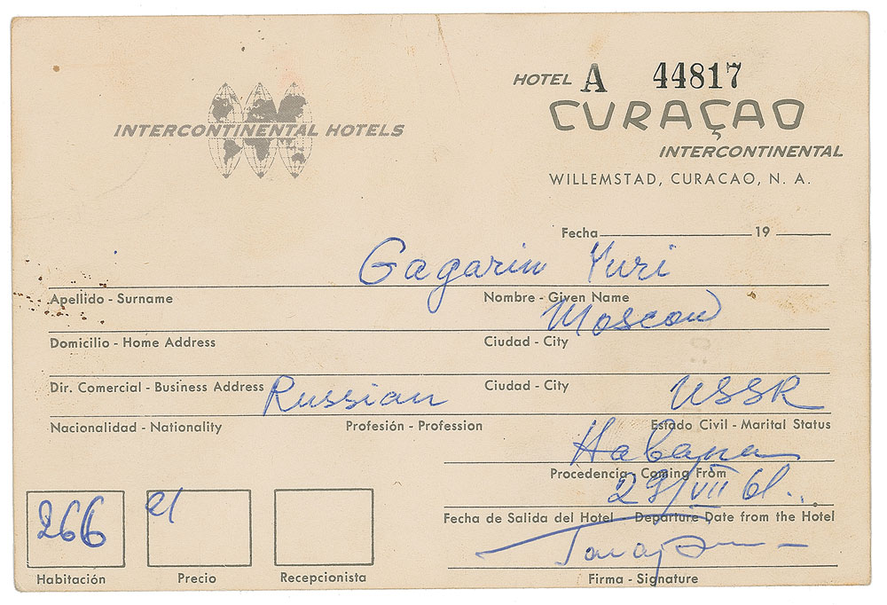 Lot #6029 Yuri Gagarin Signed Hotel Card