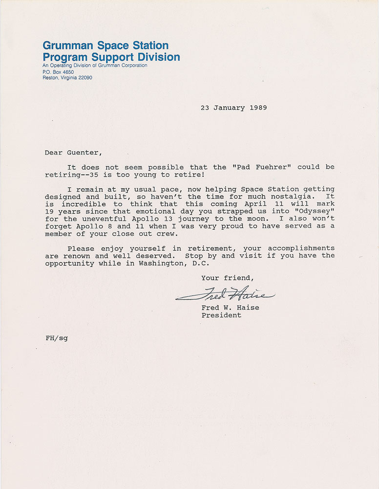 Lot #6142 Fred Haise Typed Letter Signed