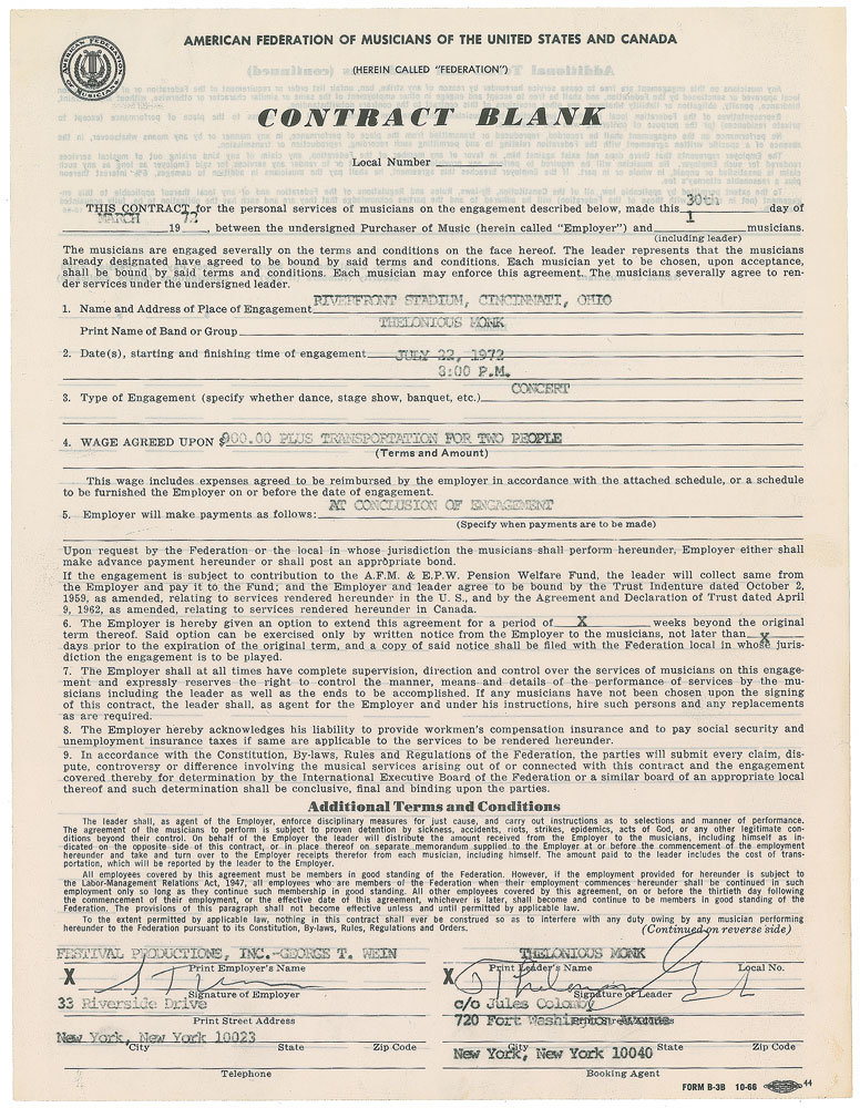 Lot #7240 Thelonious Monk Signed Document