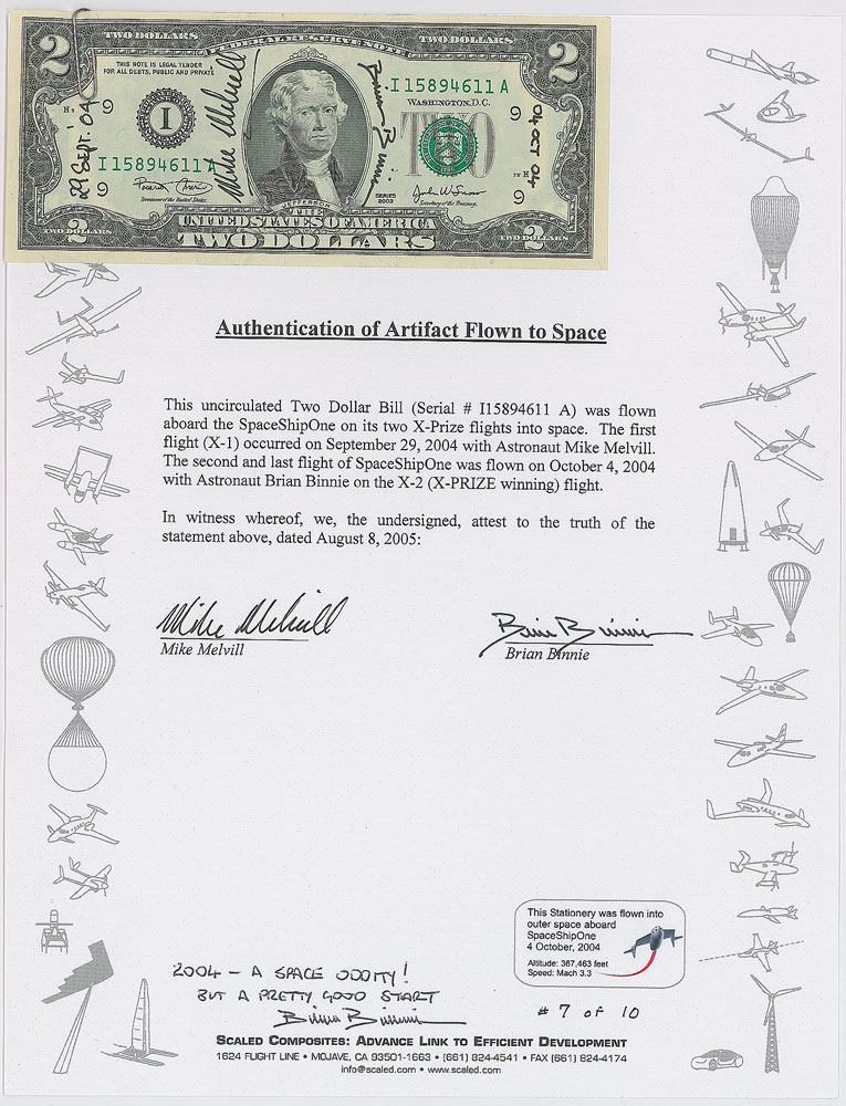 Lot #6702 SpaceShipOne Twice-Flown Two Dollar Bill
