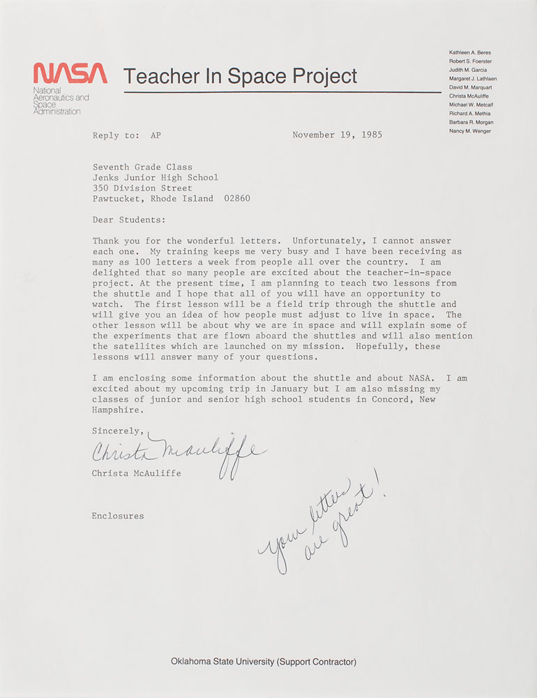 Lot #6689 Christa McAuliffe Typed Letter Signed