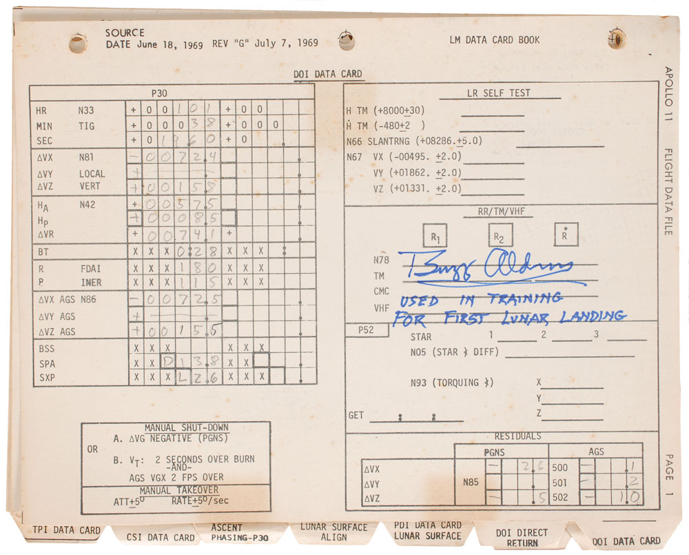 Lot #6369 Buzz Aldrin’s Training-Used Apollo 11 LM Data Card Book