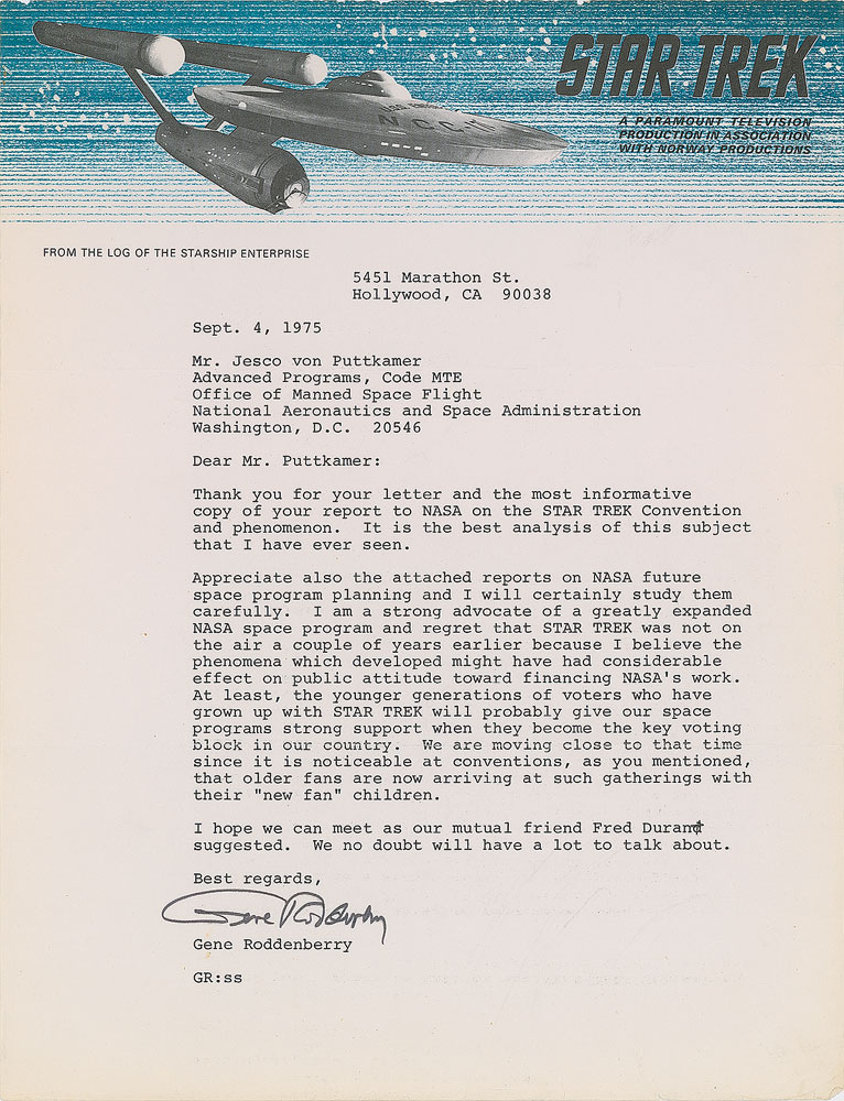 Lot #8160 Star Trek: Gene Roddenberry Typed Letter