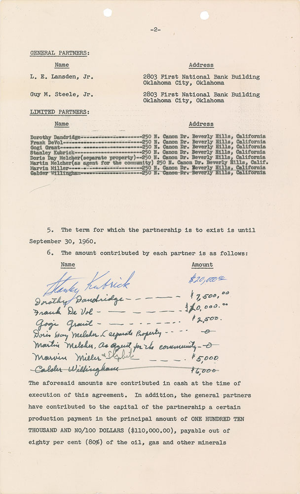 Lot #8134 Stanley Kubrick Signed Document