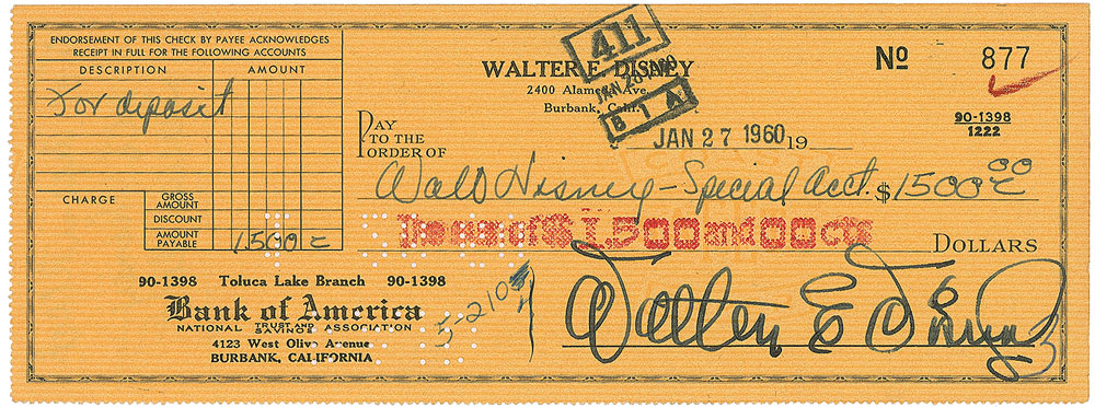 Lot #8487 Walt Disney Signed Check