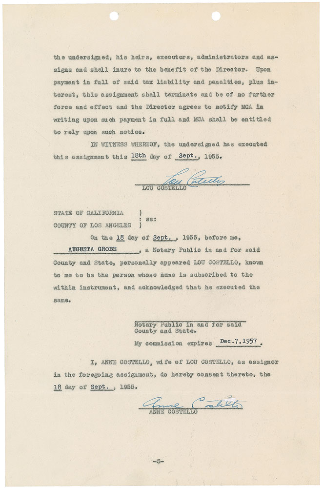 Lot #8111 Lou Costello Signed Document