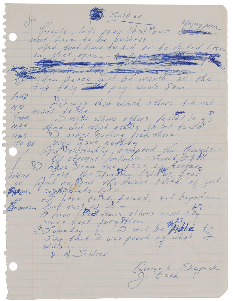 Lot #8304 Johnny Cash Handwritten Working Lyrics